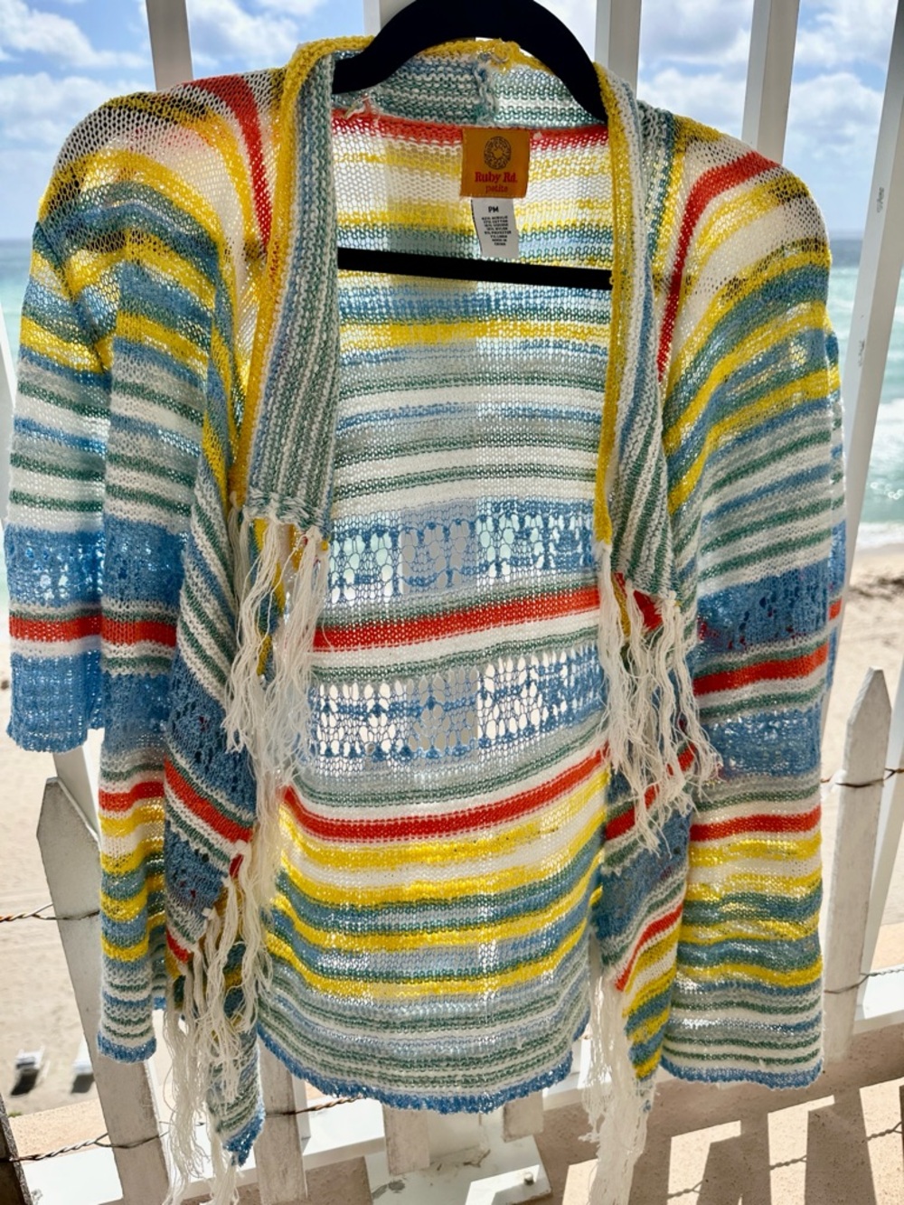 Ruby Rd. Petite Multicolor Striped Open-Knit Fringe Cardigan